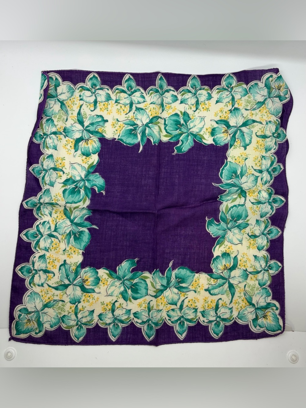 Vintage Floral Orchid Print Handkerchief Purple Teal Scalloped Edge Hankie